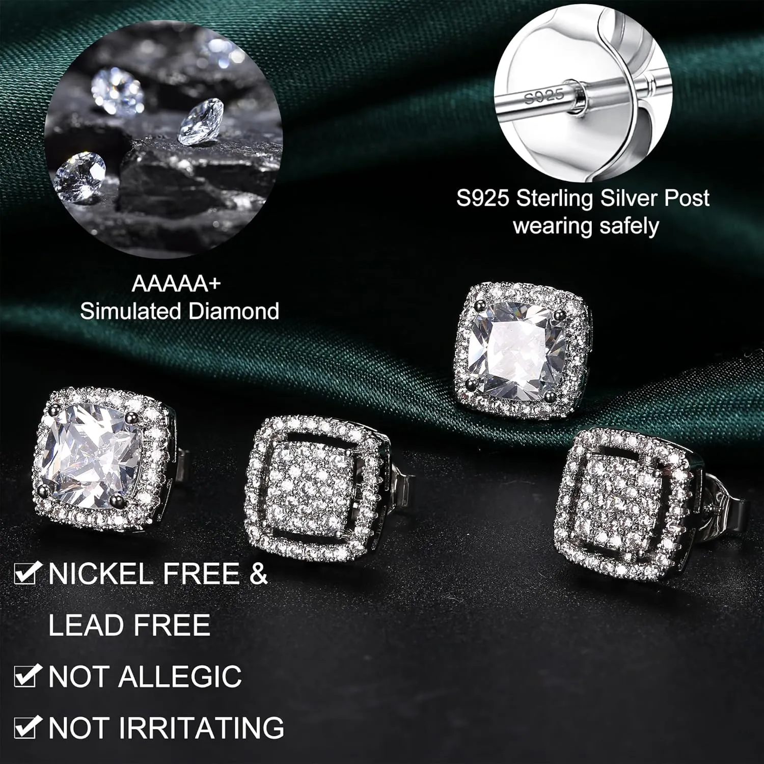 Dochais Cubic Zirconia Stud Earrings for Men Women, 14K Gold Plated Hypoallergenic 925 Sterling Silver Post Earrings Set, Iced Out Round & Square CZ Studs, Simulated Diamond Halo Earrings
