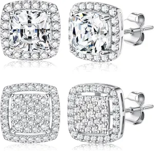 Dochais Cubic Zirconia Stud Earrings for Men Women, 14K Gold Plated Hypoallergenic 925 Sterling Silver Post Earrings Set, Iced Out Round & Square CZ Studs, Simulated Diamond Halo Earrings