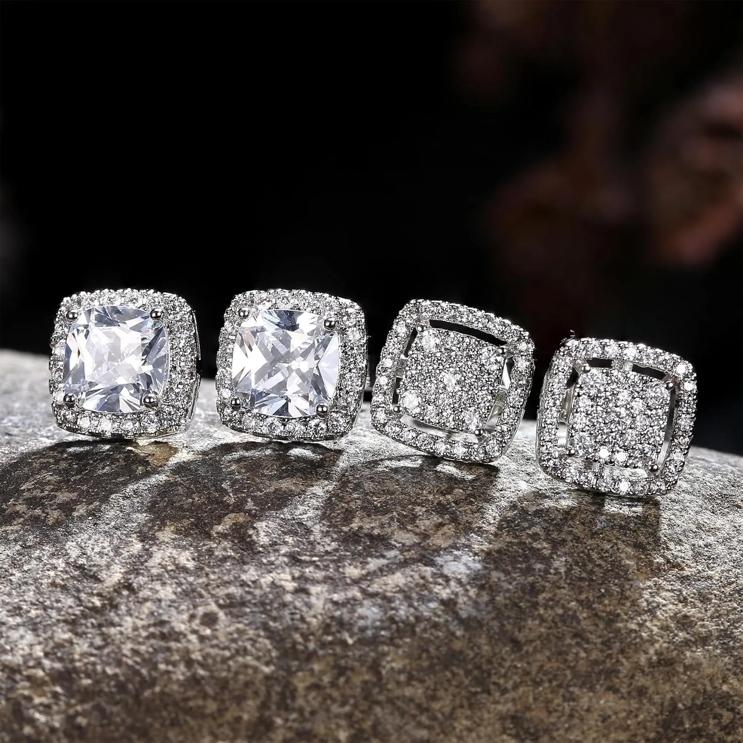 Dochais Cubic Zirconia Stud Earrings for Men Women, 14K Gold Plated Hypoallergenic 925 Sterling Silver Post Earrings Set, Iced Out Round & Square CZ Studs, Simulated Diamond Halo Earrings