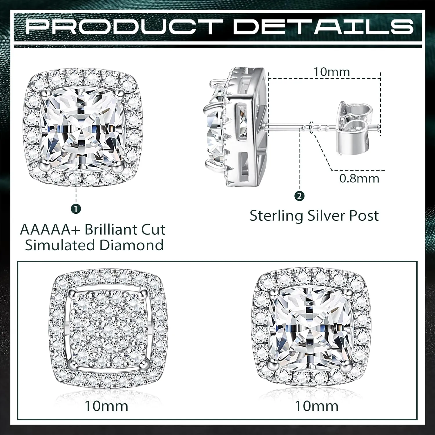 Dochais Cubic Zirconia Stud Earrings for Men Women, 14K Gold Plated Hypoallergenic 925 Sterling Silver Post Earrings Set, Iced Out Round & Square CZ Studs, Simulated Diamond Halo Earrings