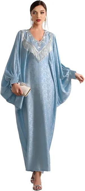 Elegant Batwing Sleeve Abaya Dress, Light Blue Jacquard with Silver Fringe and Crystal Beading, Floor Length Islamic Kaftan, One- Size