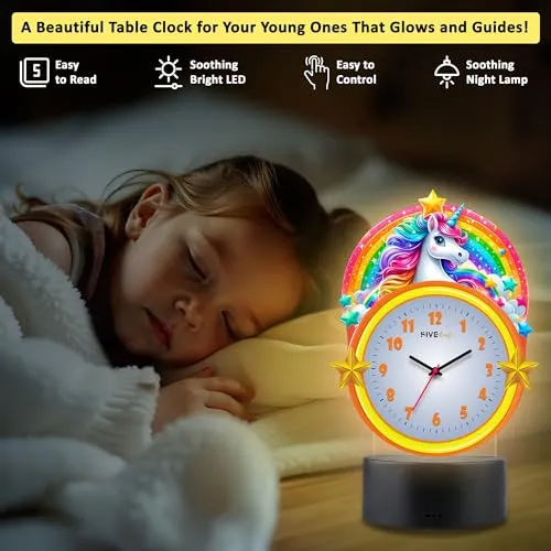 FIVE KRAFT Unicorn Rainbow Premium Table Clock with LED Base Light in Warm Colour (Table Top Decor for Kids Room)