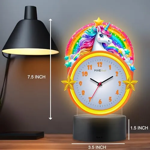 FIVE KRAFT Unicorn Rainbow Premium Table Clock with LED Base Light in Warm Colour (Table Top Decor for Kids Room)