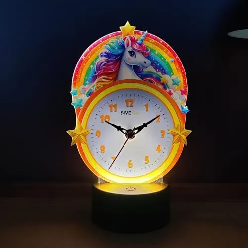 FIVE KRAFT Unicorn Rainbow Premium Table Clock with LED Base Light in Warm Colour (Table Top Decor for Kids Room)