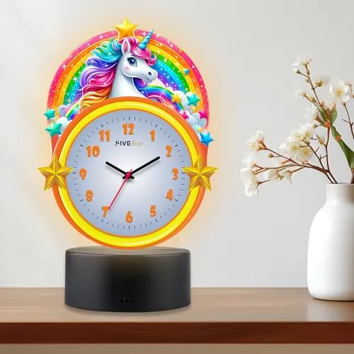 FIVE KRAFT Unicorn Rainbow Premium Table Clock with LED Base Light in Warm Colour (Table Top Decor for Kids Room)
