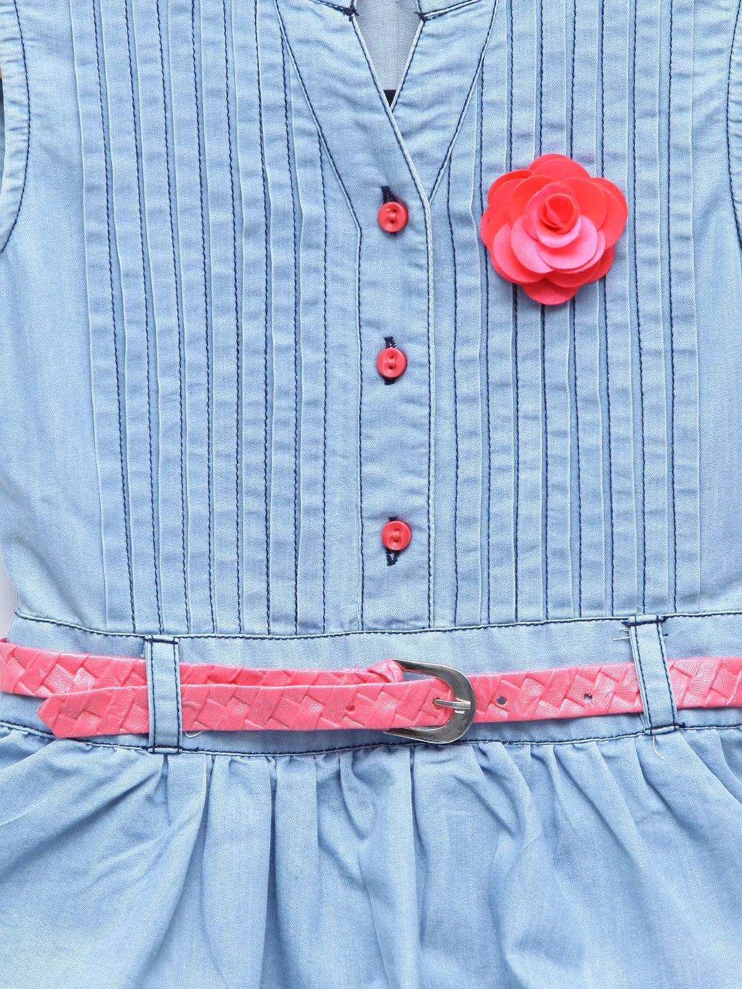 Girl's  Light Blue Denim Tiered Rose Patch Dress With Belt - StyleStone Kid
