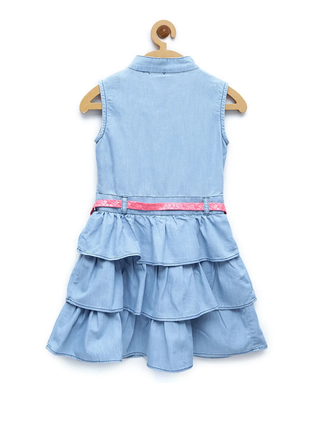 Girl's  Light Blue Denim Tiered Rose Patch Dress With Belt - StyleStone Kid