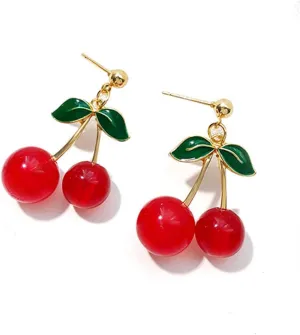 Handmade Creative Light Weight 3D Red Fruits Earrings Plated Sweet & Green Crystal Leaf Lovely Cherry Tassel Dangle Drop Earrings For Women