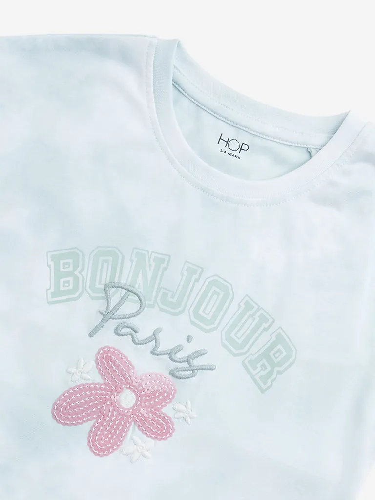 HOP Kids Light Blue Floral Printed Cotton T-Shirt