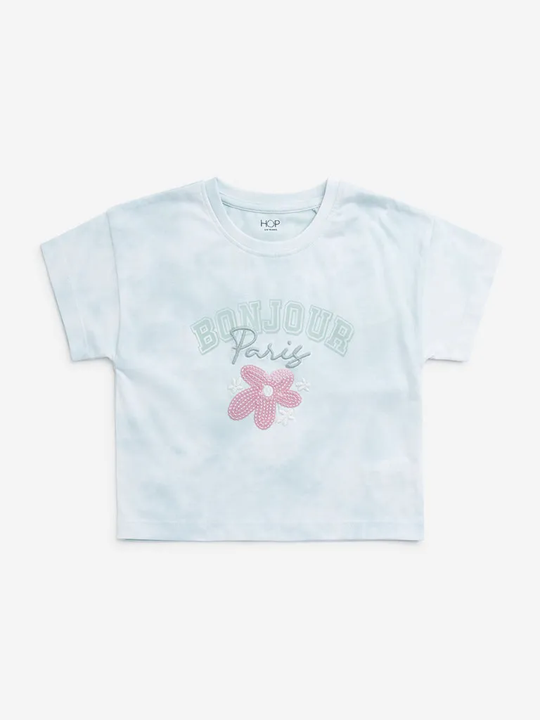 HOP Kids Light Blue Floral Printed Cotton T-Shirt