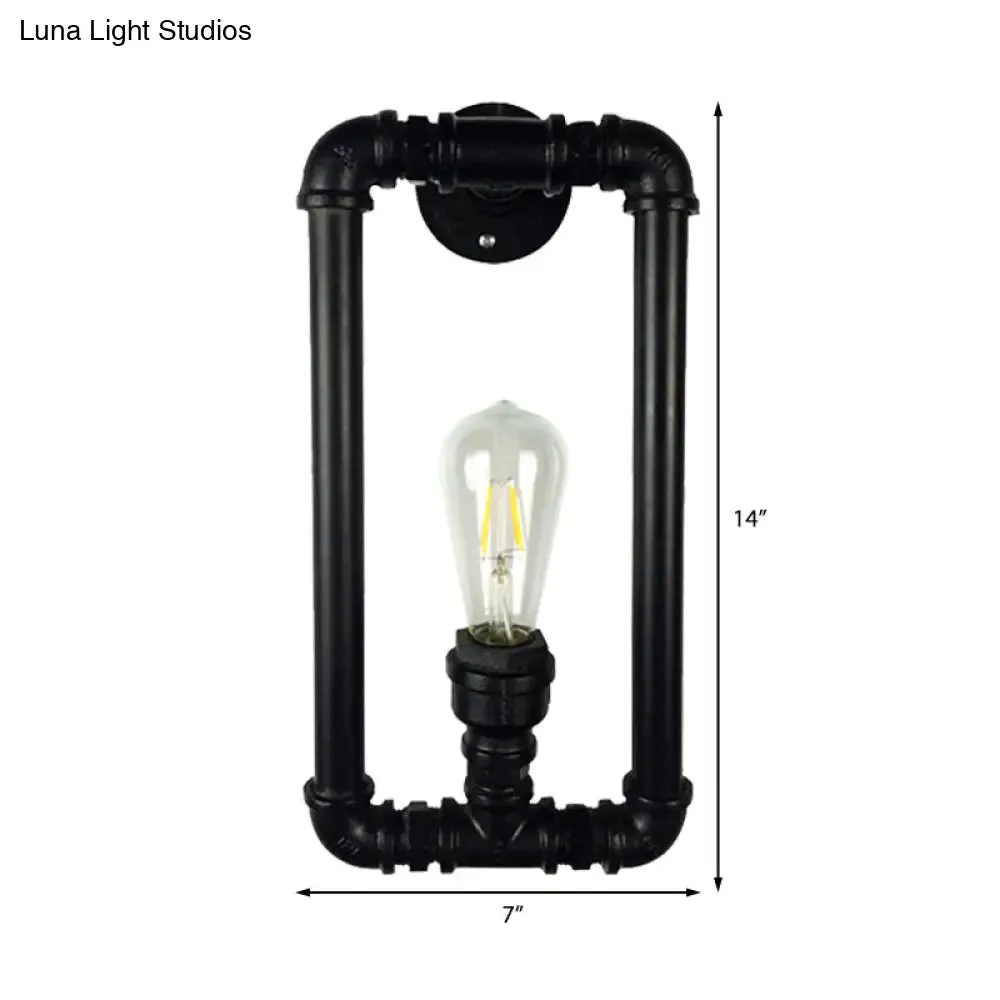Industrial Metal 1-Light Bedroom Sconce Lamp in Matte Black Rectangle Design with Pipe Detailing