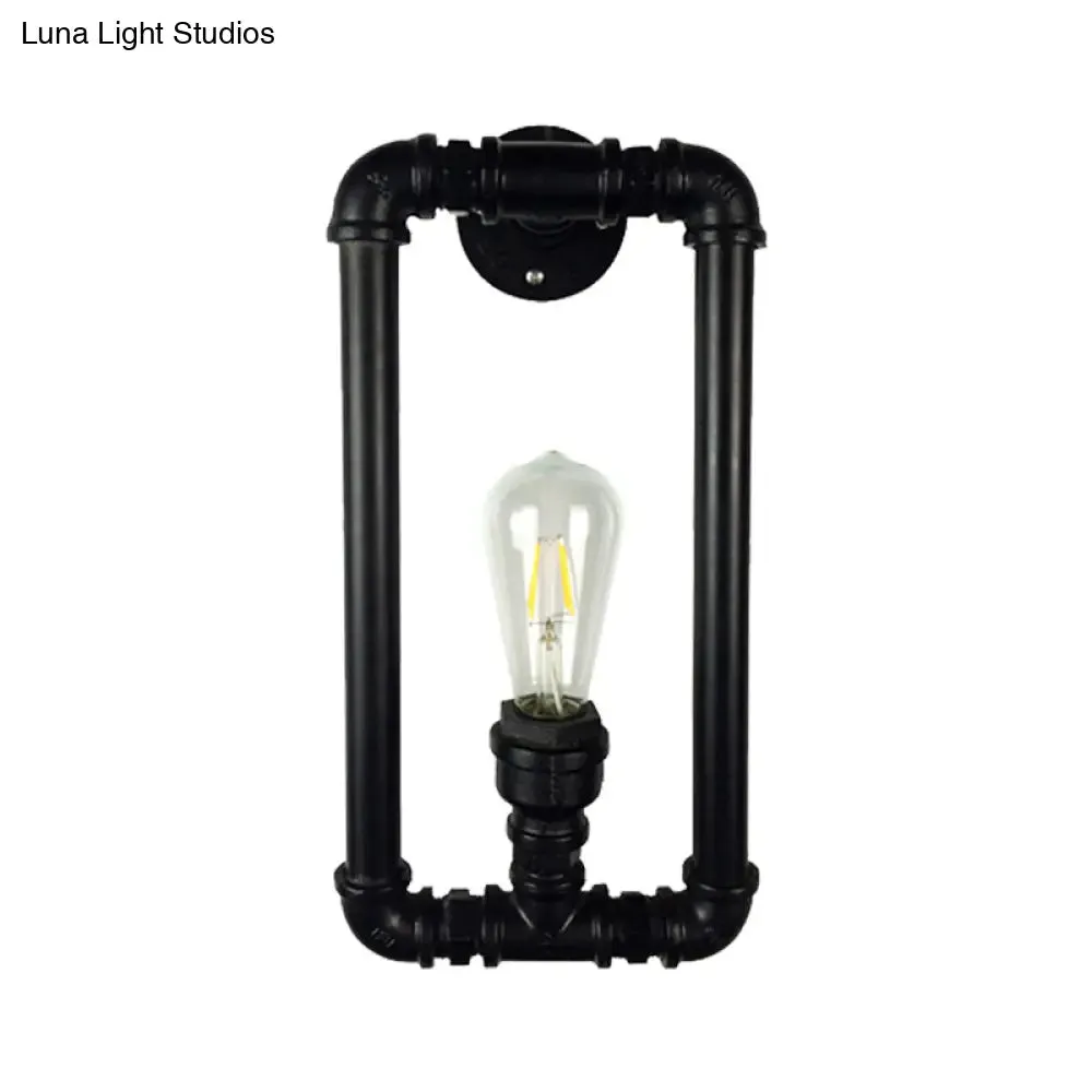 Industrial Metal 1-Light Bedroom Sconce Lamp in Matte Black Rectangle Design with Pipe Detailing
