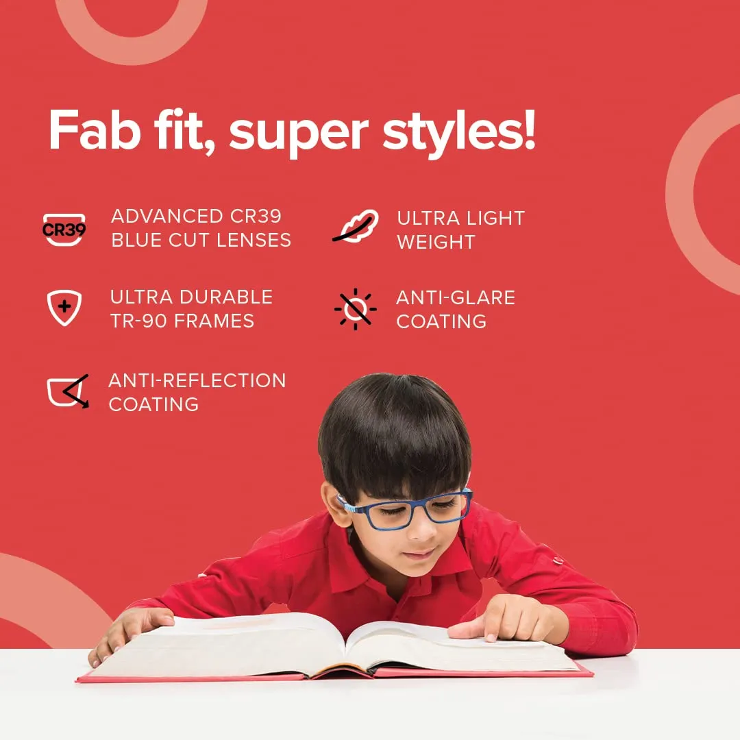 Intellilens Square Kids Computer Glasses for Eye Protection with Lens Cleaner Solution for Spectacles | Zero Power, Anti Glare & Blue Light Filter Glasses | (Red) (49-16-130)