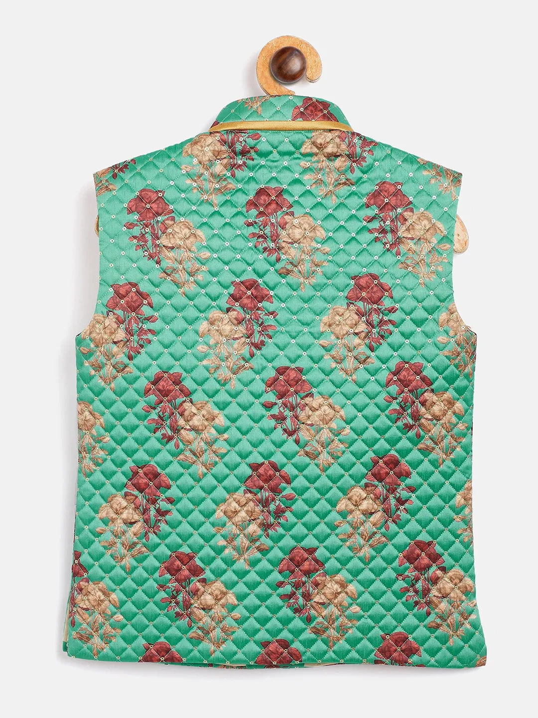 Jashvi Boys Green & Maroon Printed Slim Fit Woven Nehru Jacket