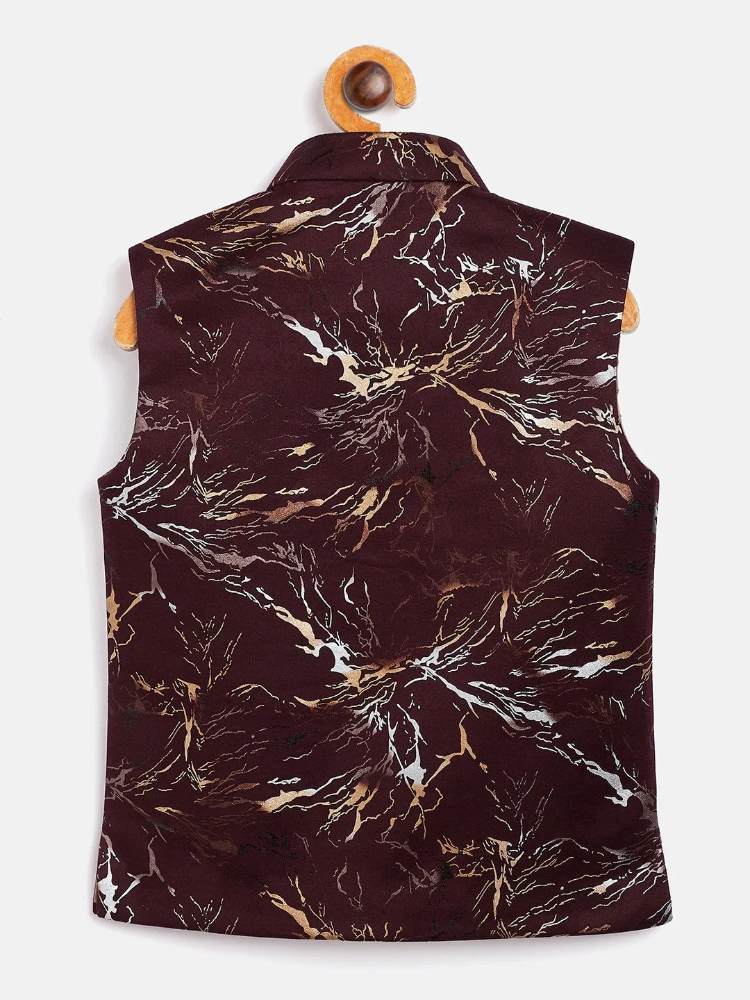 Jashvi Boy's Maroon Scuba Foil Print Nehru Jacket