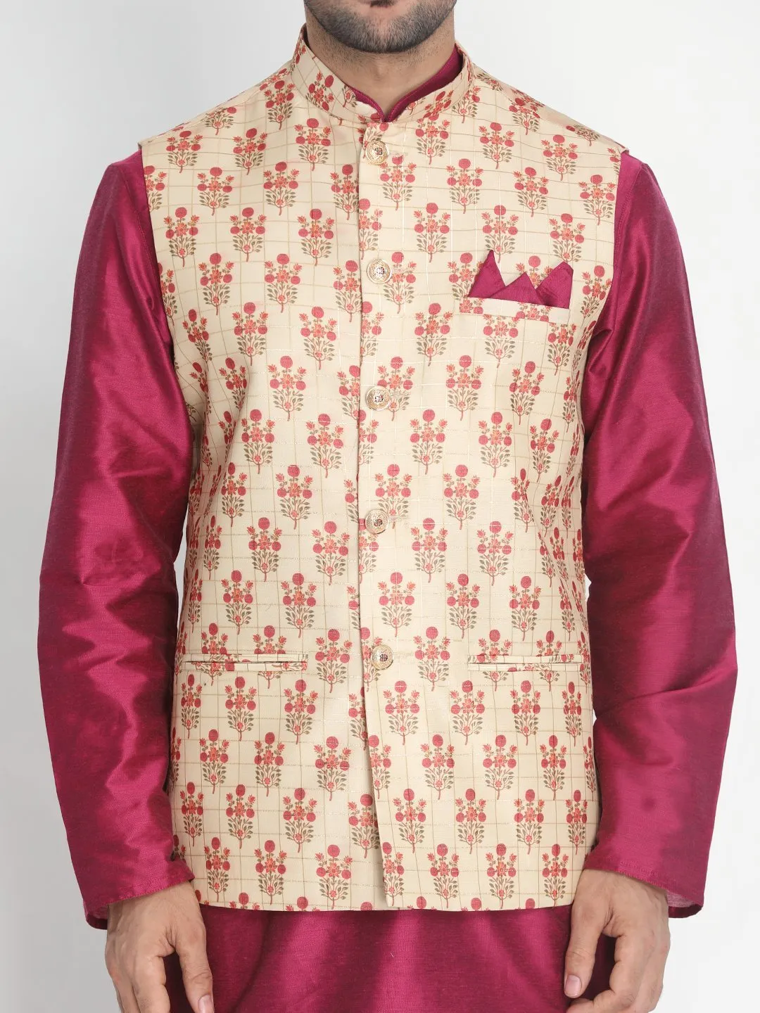Jashvi Men's Gold Silk Blend Ethnic Jacket