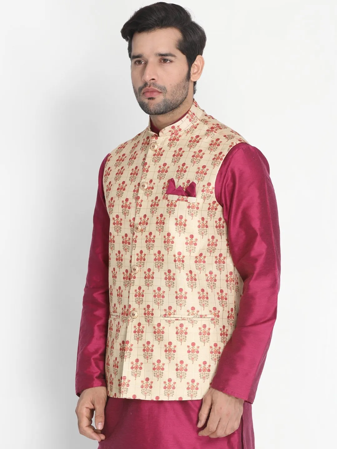 Jashvi Men's Gold Silk Blend Ethnic Jacket