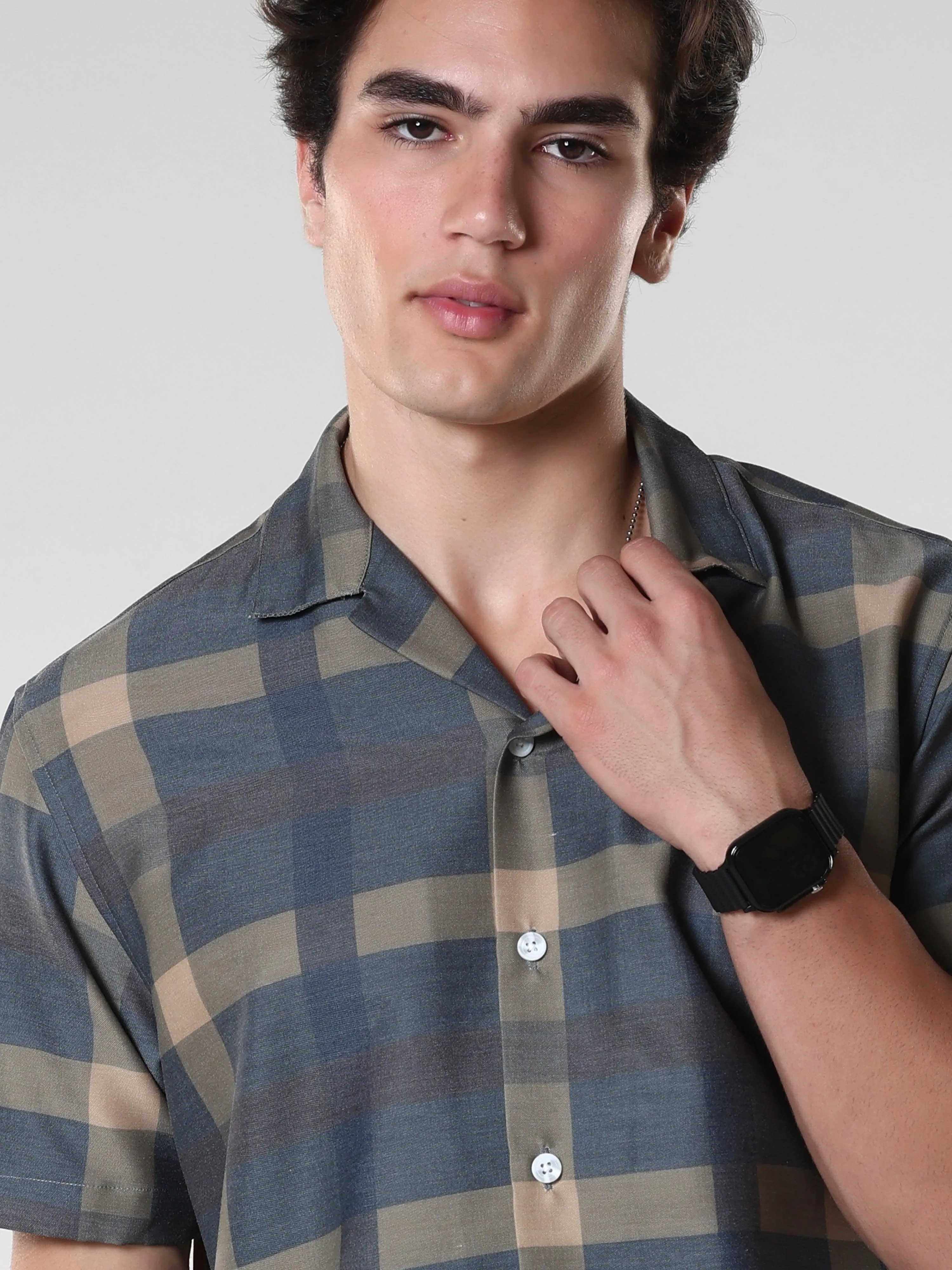 Kerenza - Checkered Lycra Shirt -Charcoal