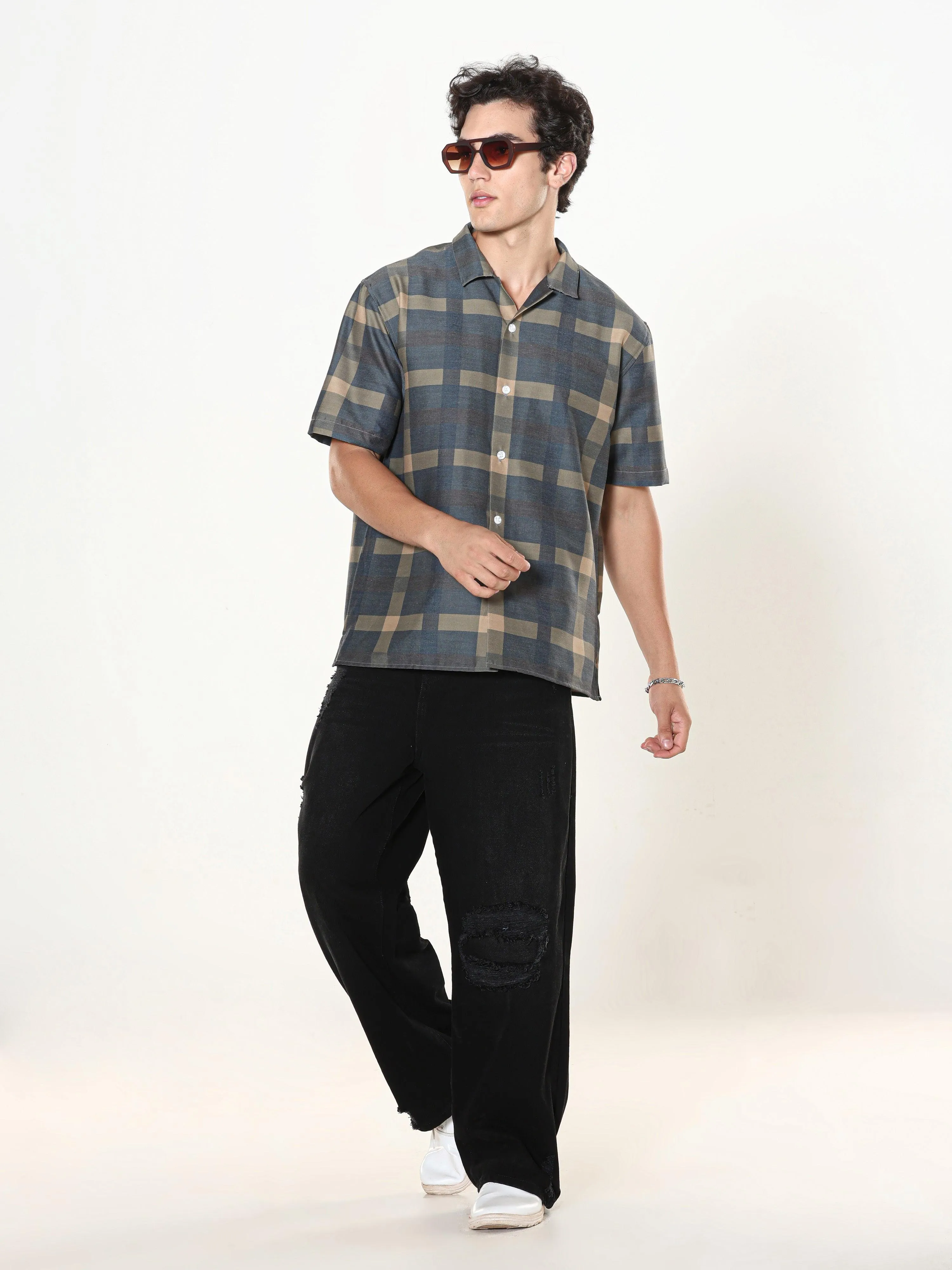 Kerenza - Checkered Lycra Shirt -Charcoal