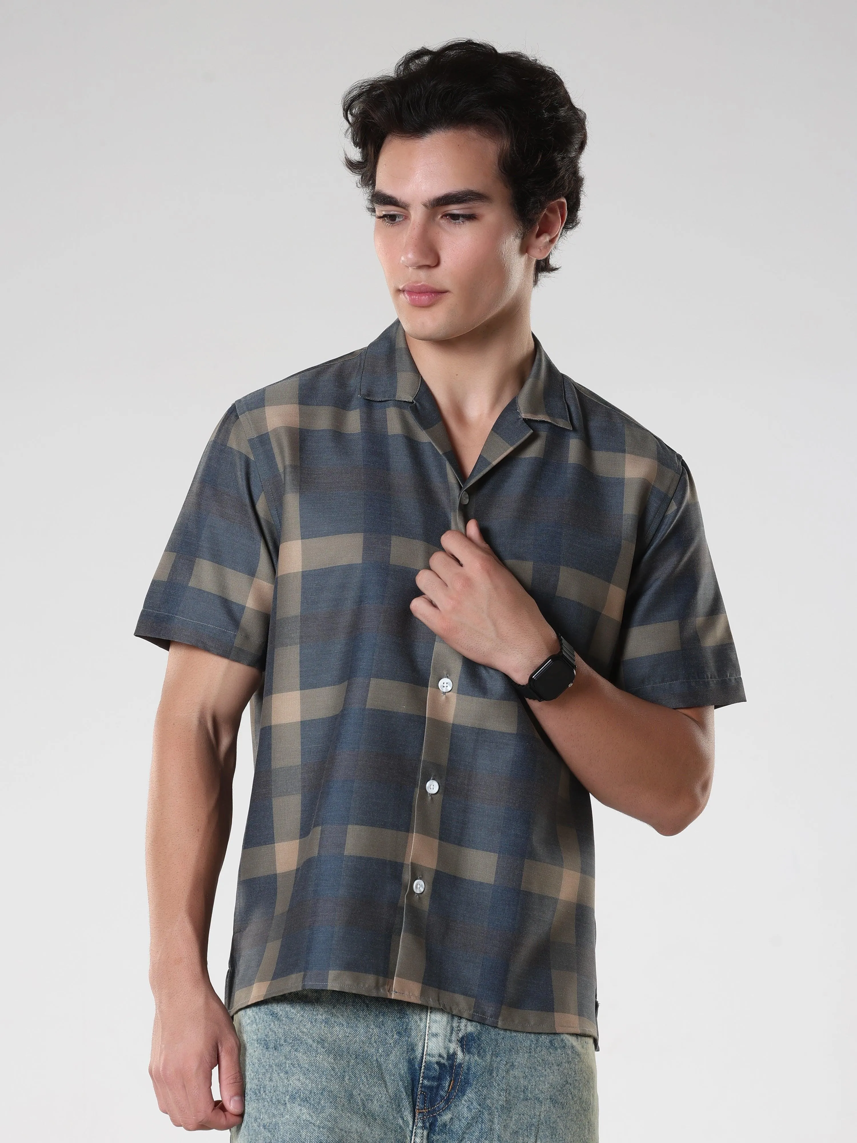 Kerenza - Checkered Lycra Shirt -Charcoal