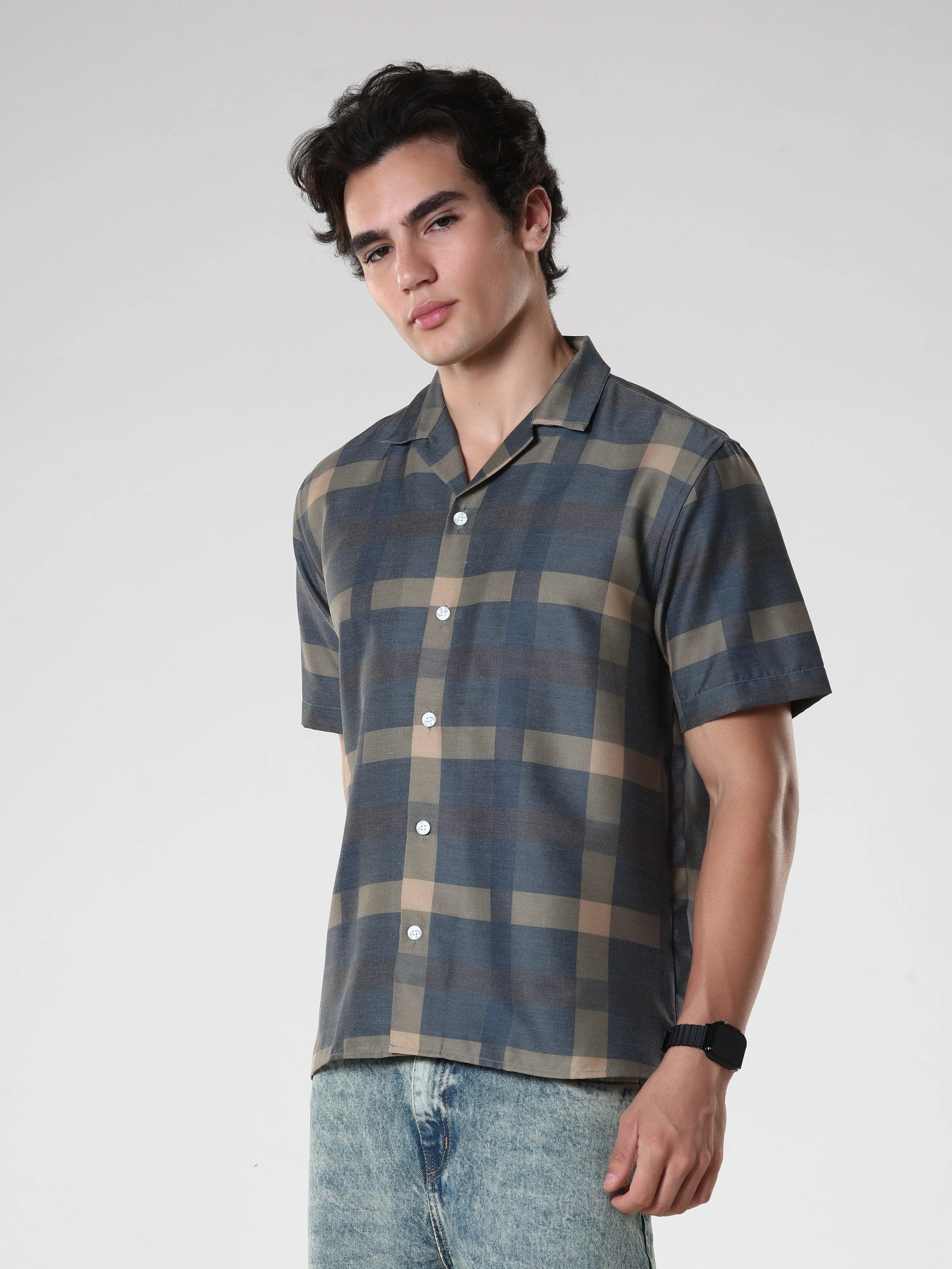 Kerenza - Checkered Lycra Shirt -Charcoal