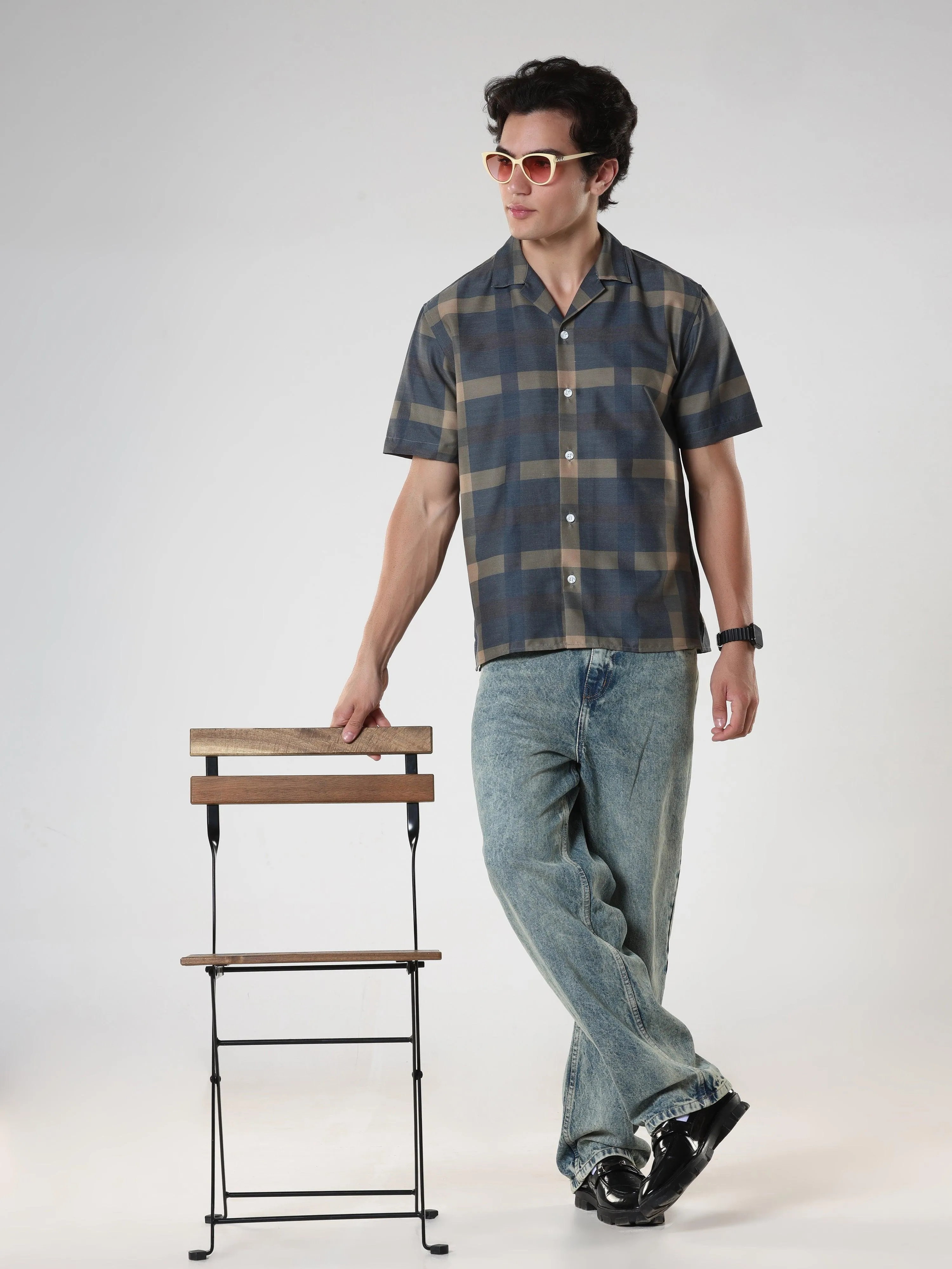 Kerenza - Checkered Lycra Shirt -Charcoal