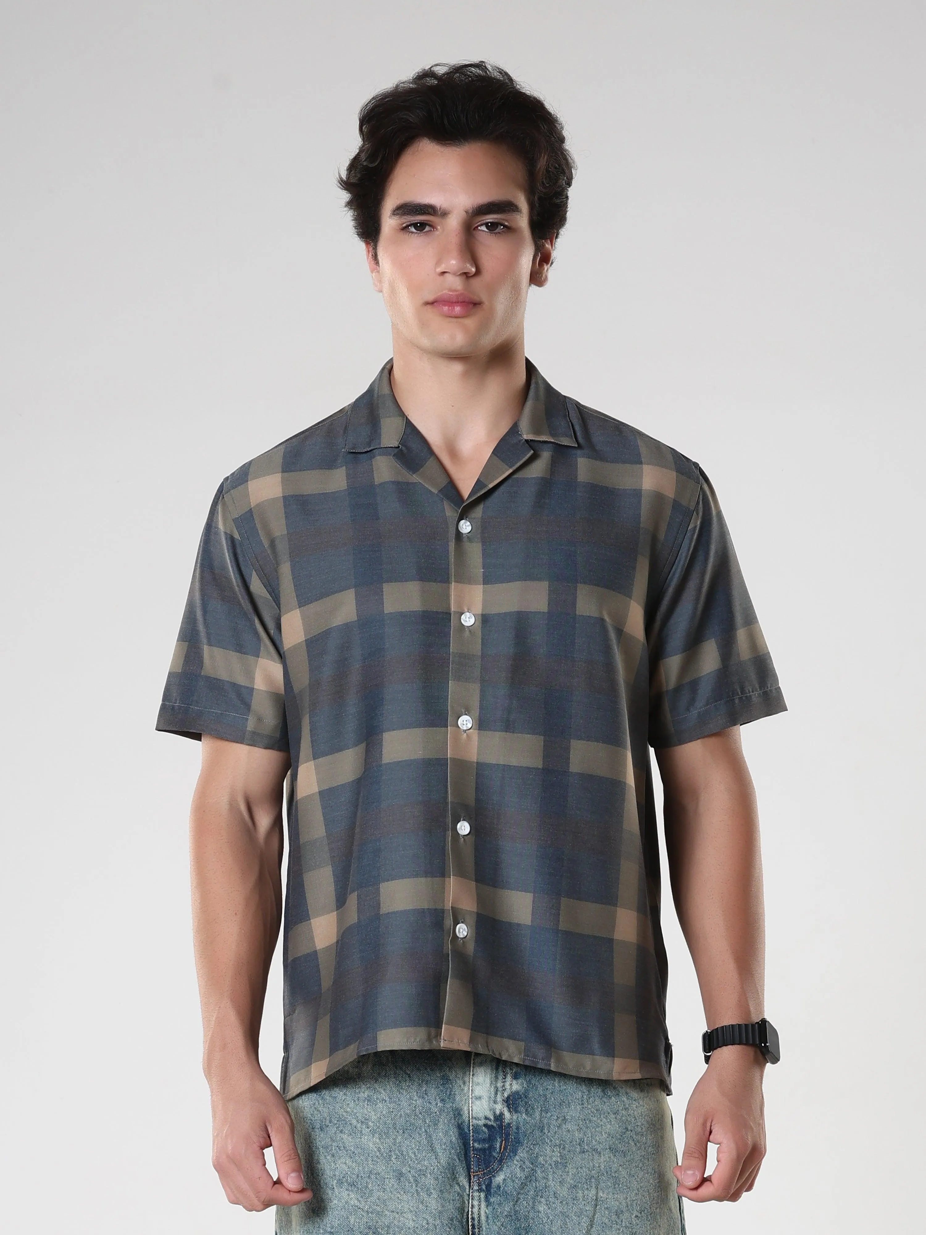 Kerenza - Checkered Lycra Shirt -Charcoal