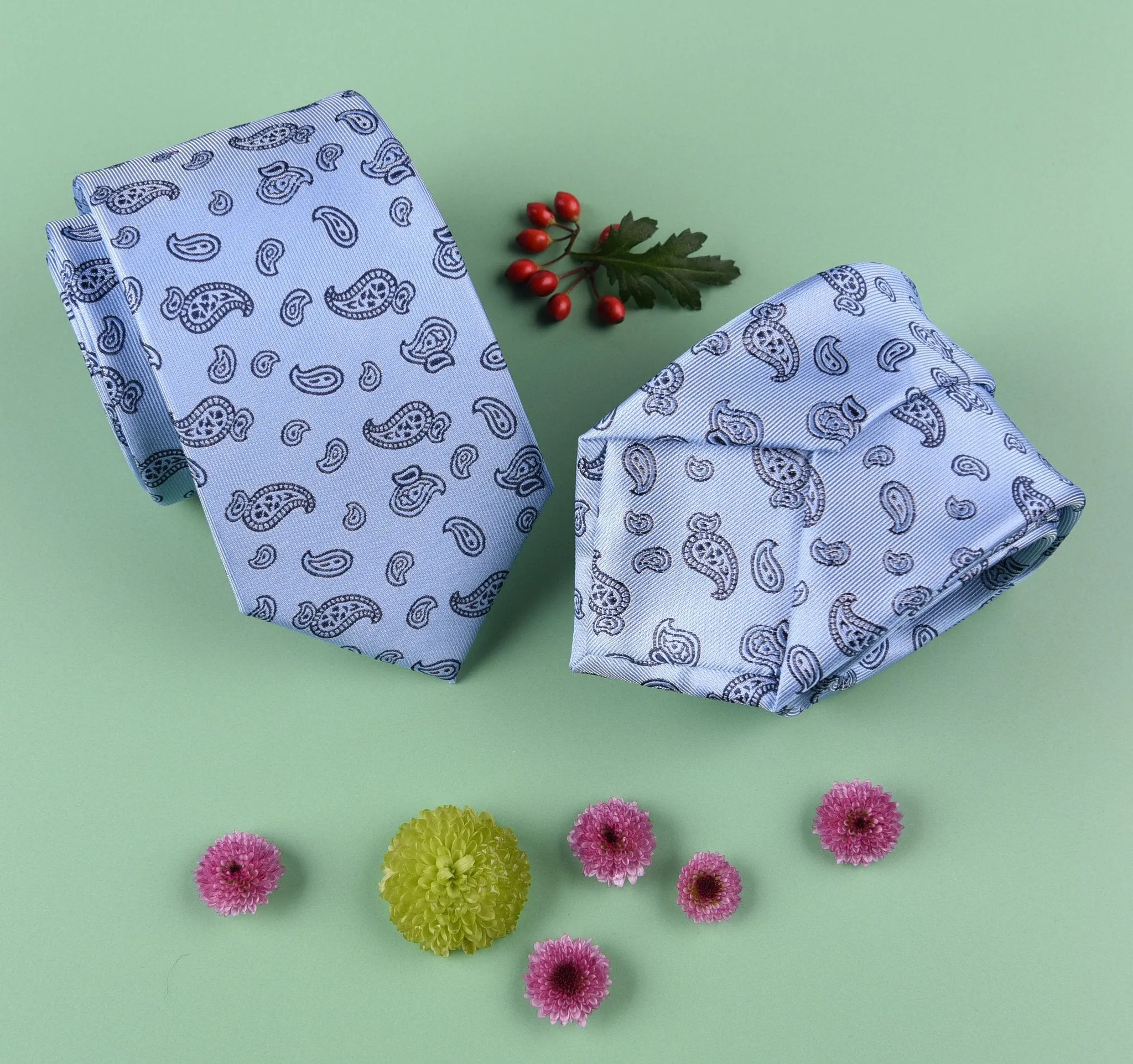 Light Blue Genie Lamp Paisley Floral Luxury Fashion Woven Tie 3"
