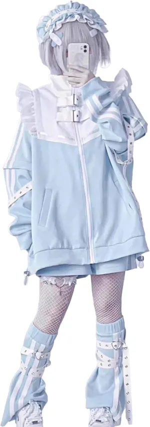 Light Blue Mine Subculture Set Harajuku Hoodie, Cyber Y2K Style, Blue Varsity Jacket, Baggy Jacket, Japanese Streetwear for Women with Zip-up, Ruffle Jackets, and Leg Warmers