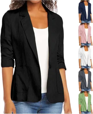 Linen Blazer Women Summer Lightweight 3/4 Sleeve Jacket Dressy Open Front Cardigan Business Casual Work Outfits