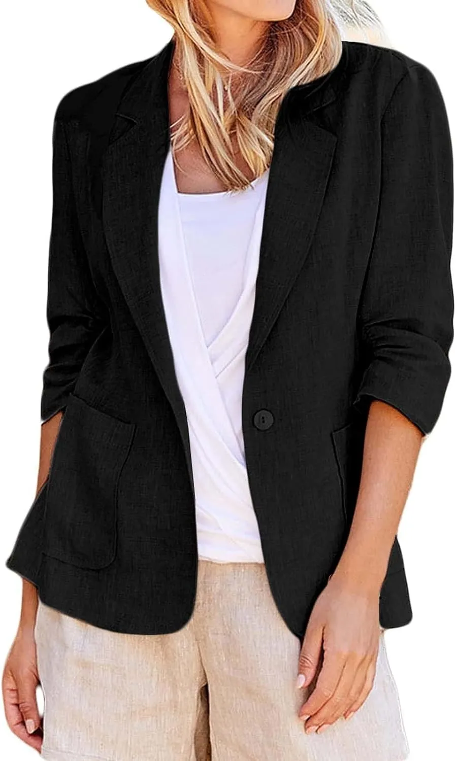 Linen Blazer Women Summer Lightweight 3/4 Sleeve Jacket Dressy Open Front Cardigan Business Casual Work Outfits