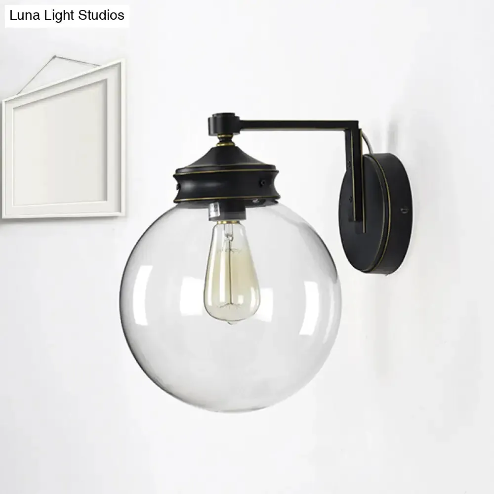 Matte Black Industrial Global Sconce Light Fixture with Glass and Metal Accents