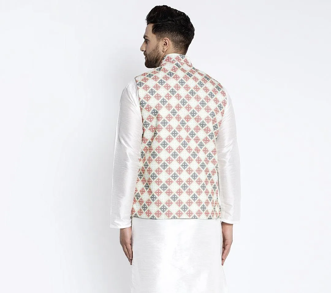 Men's Lime Green & Red Printed Nehru Jacket - Benstoke