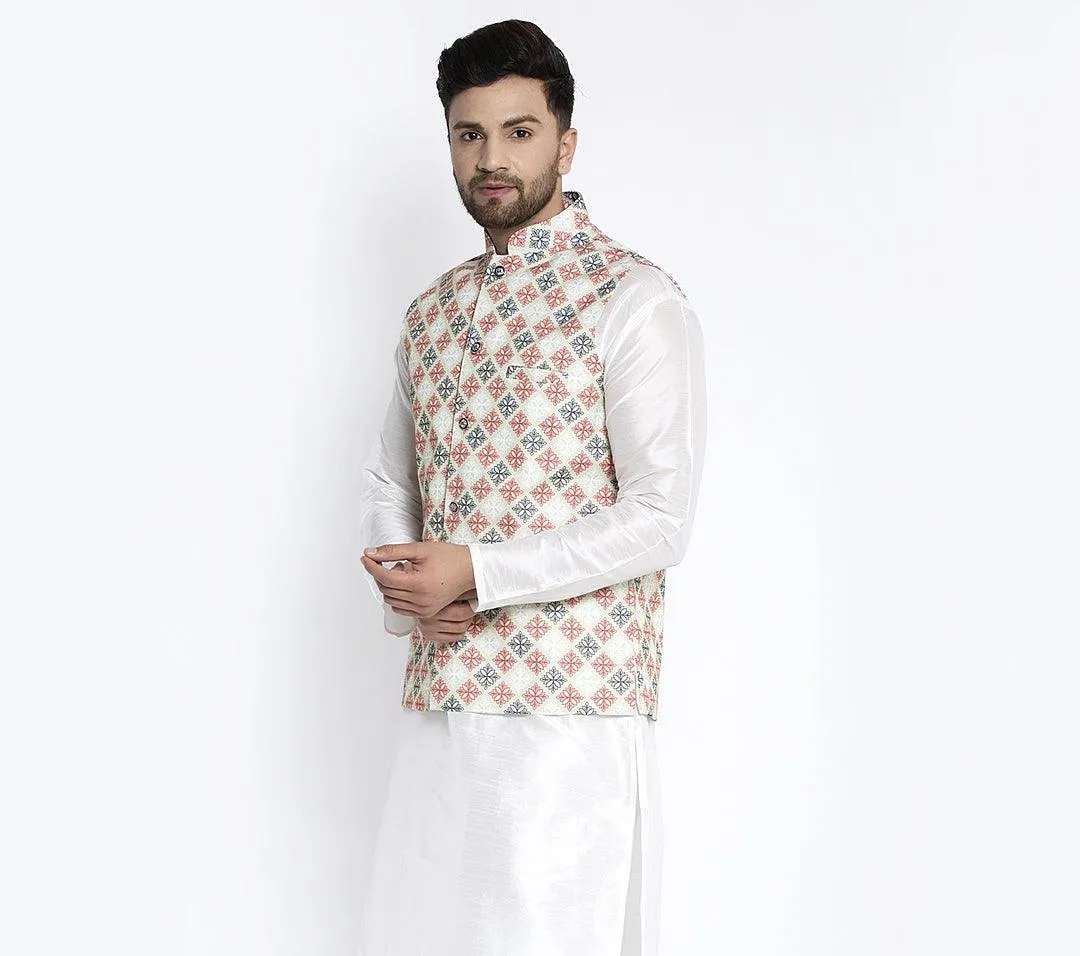 Men's Lime Green & Red Printed Nehru Jacket - Benstoke