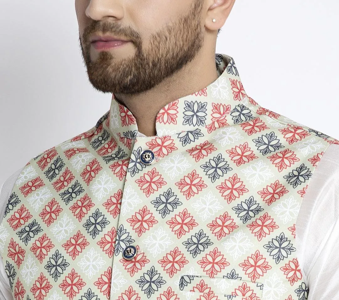 Men's Lime Green & Red Printed Nehru Jacket - Benstoke