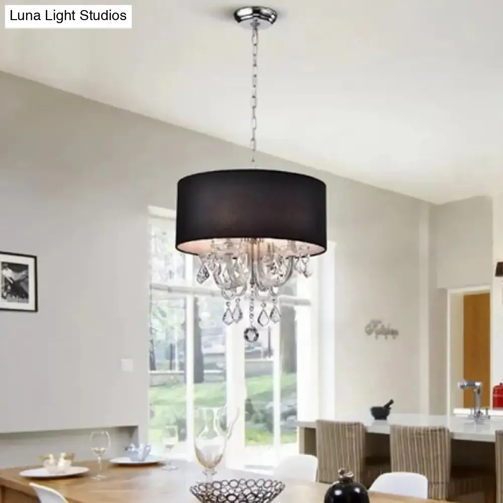 Modern Black Fabric Drum Chandelier with Crystal Ball Accent - Ceiling Light