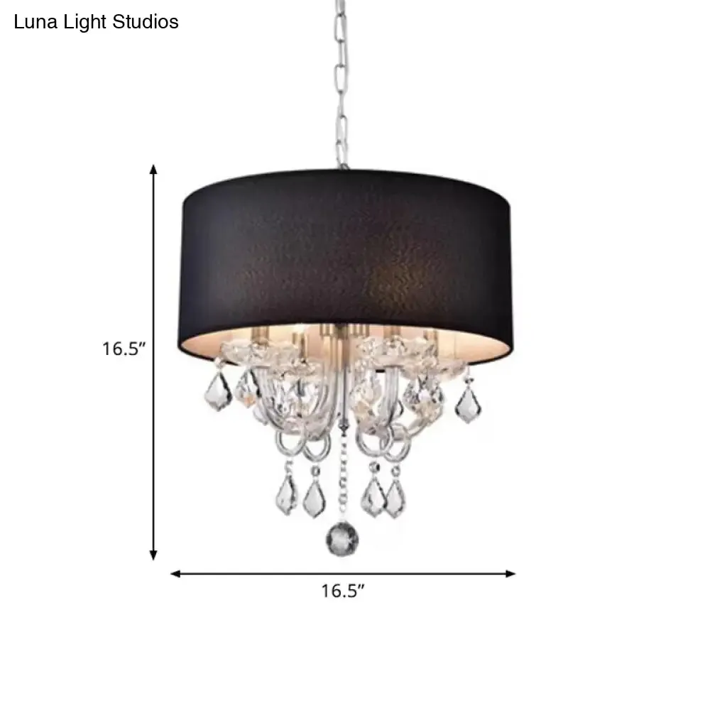Modern Black Fabric Drum Chandelier with Crystal Ball Accent - Ceiling Light