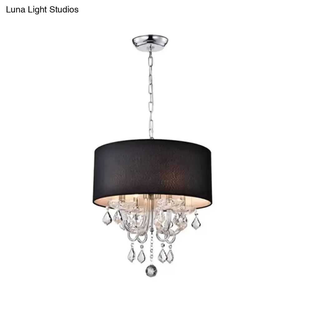 Modern Black Fabric Drum Chandelier with Crystal Ball Accent - Ceiling Light