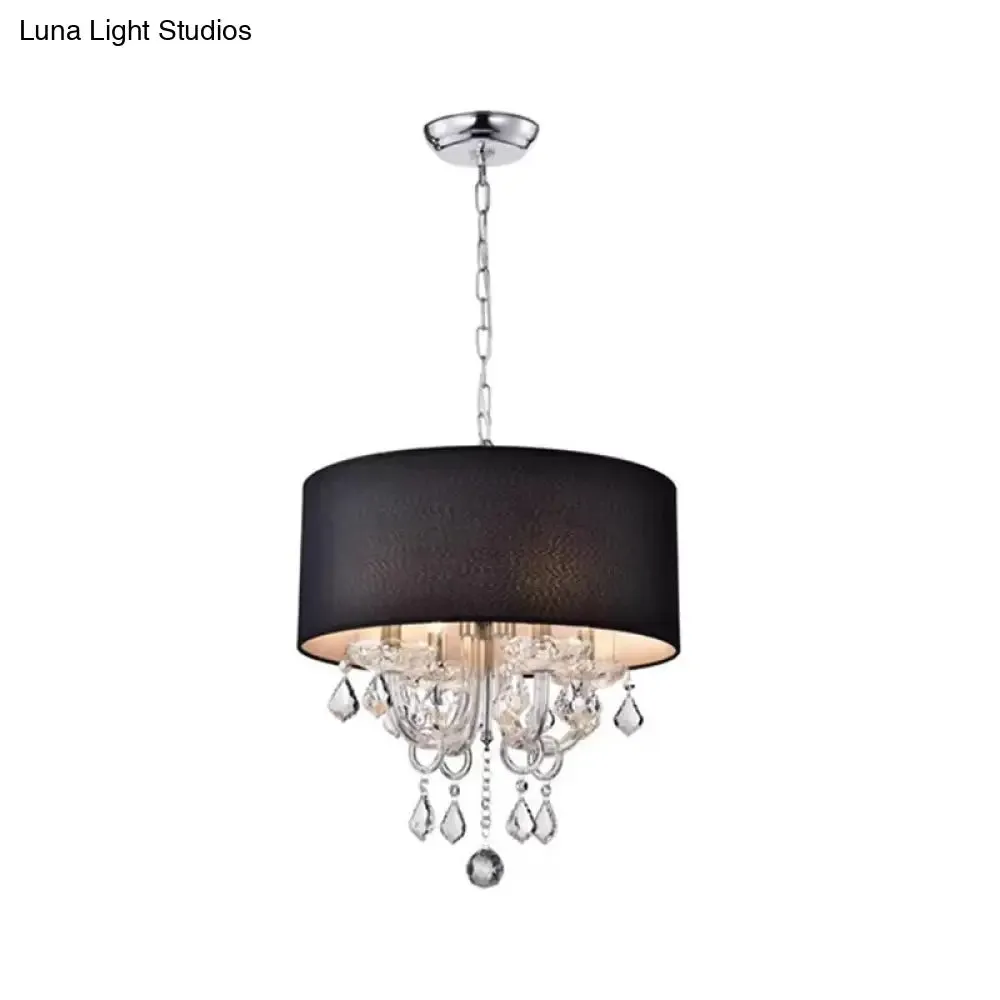 Modern Black Fabric Drum Chandelier with Crystal Ball Accent - Ceiling Light
