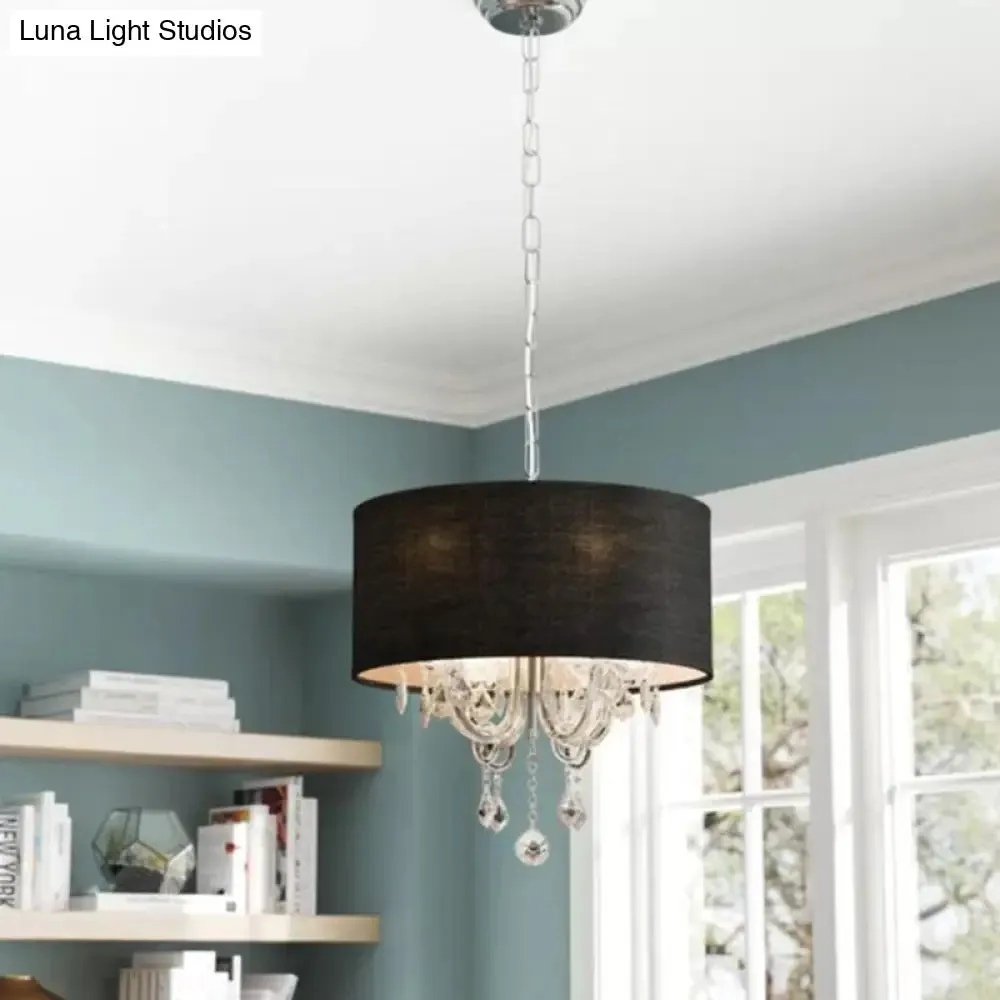 Modern Black Fabric Drum Chandelier with Crystal Ball Accent - Ceiling Light