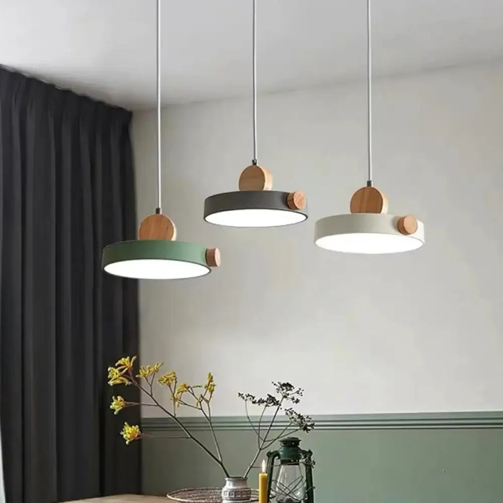 Modern Nordic LED Hanging Acrylic Lamp with Wood Accent in Grey/White/Green