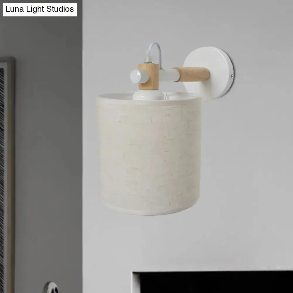 Modernist Fabric Cylindrical Sconce Wall Light with Wooden Joint - 1 Light Bedroom Fixture - Black/White