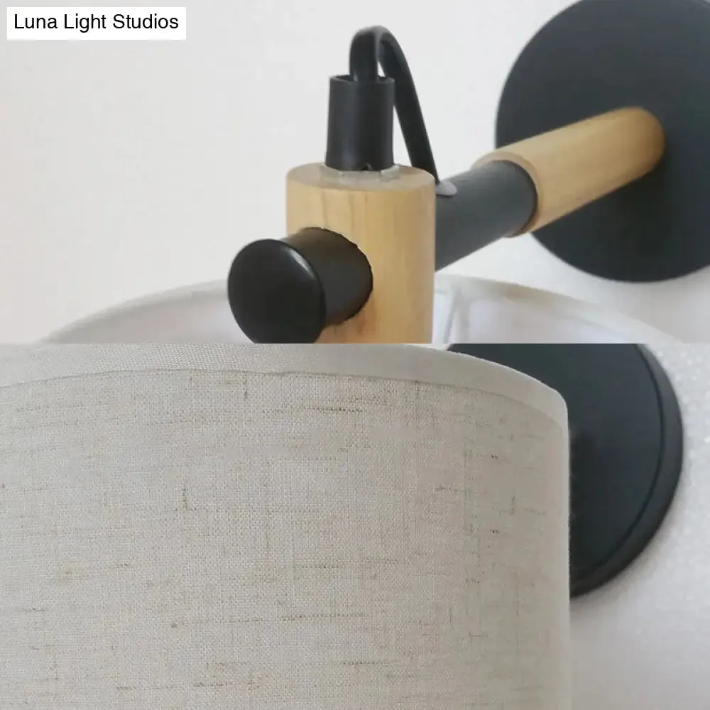 Modernist Fabric Cylindrical Sconce Wall Light with Wooden Joint - 1 Light Bedroom Fixture - Black/White