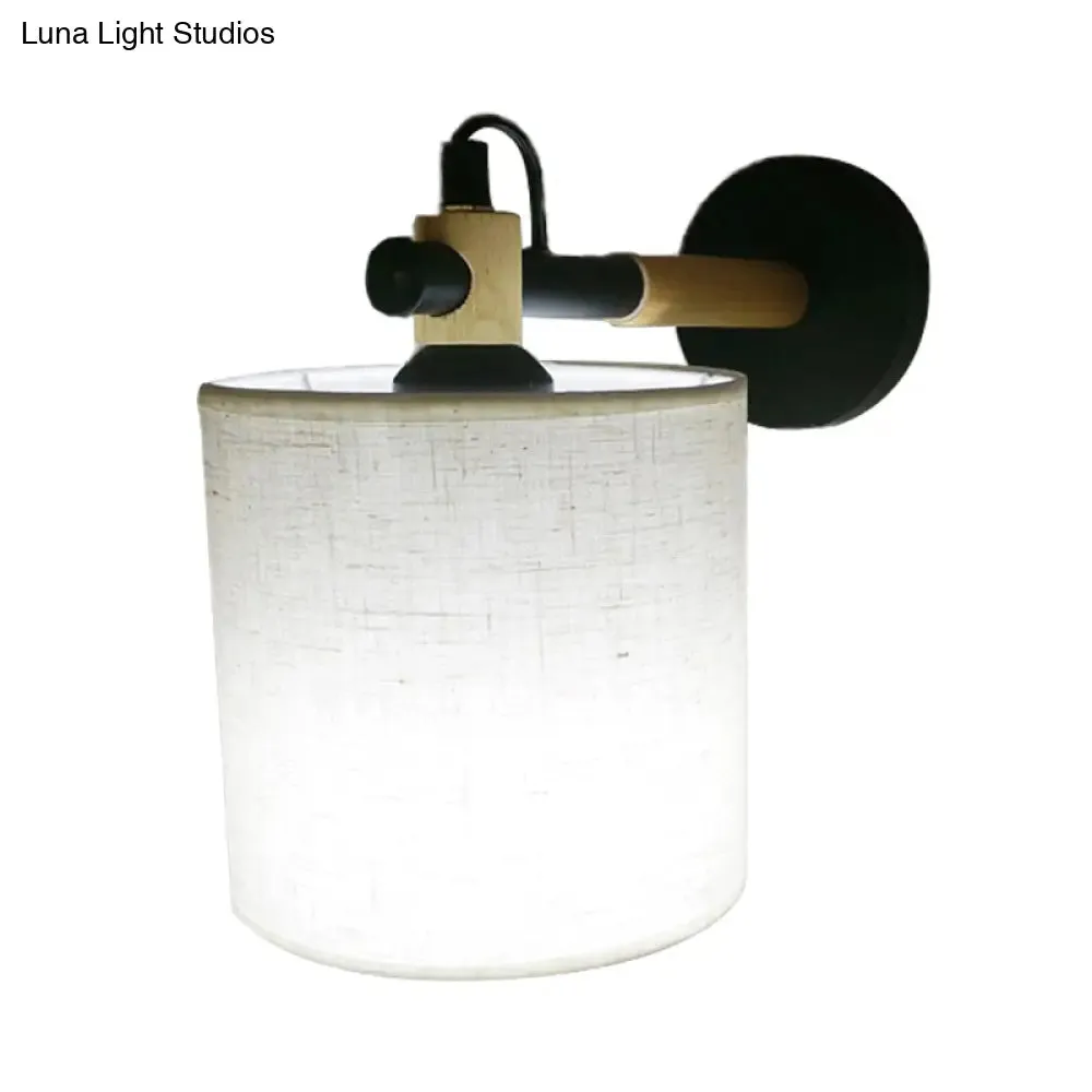 Modernist Fabric Cylindrical Sconce Wall Light with Wooden Joint - 1 Light Bedroom Fixture - Black/White