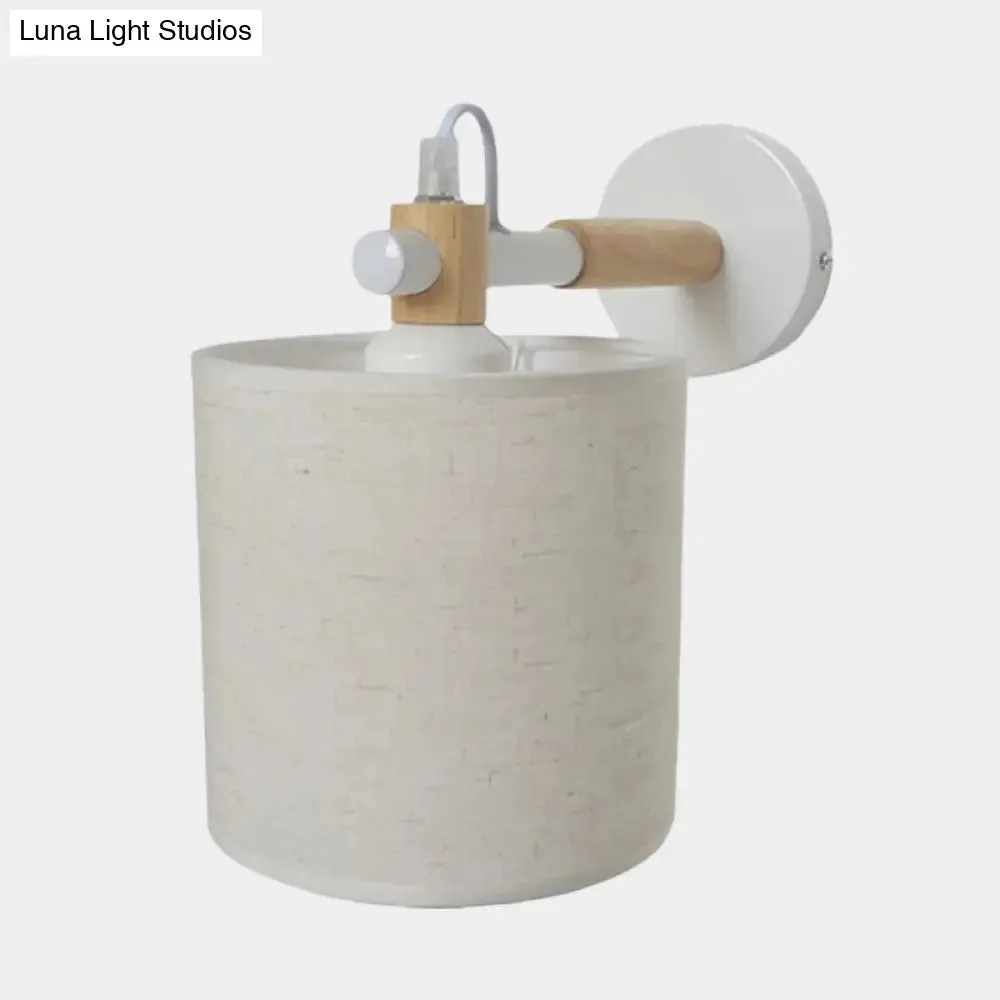Modernist Fabric Cylindrical Sconce Wall Light with Wooden Joint - 1 Light Bedroom Fixture - Black/White