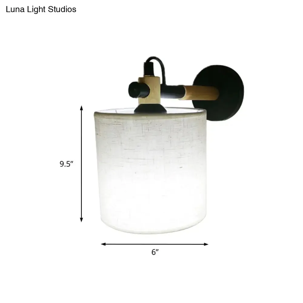 Modernist Fabric Cylindrical Sconce Wall Light with Wooden Joint - 1 Light Bedroom Fixture - Black/White