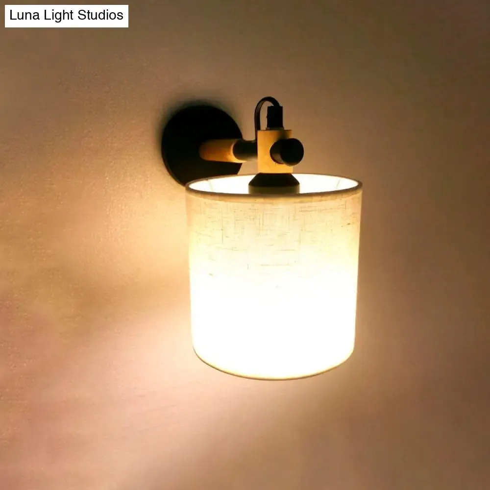 Modernist Fabric Cylindrical Sconce Wall Light with Wooden Joint - 1 Light Bedroom Fixture - Black/White