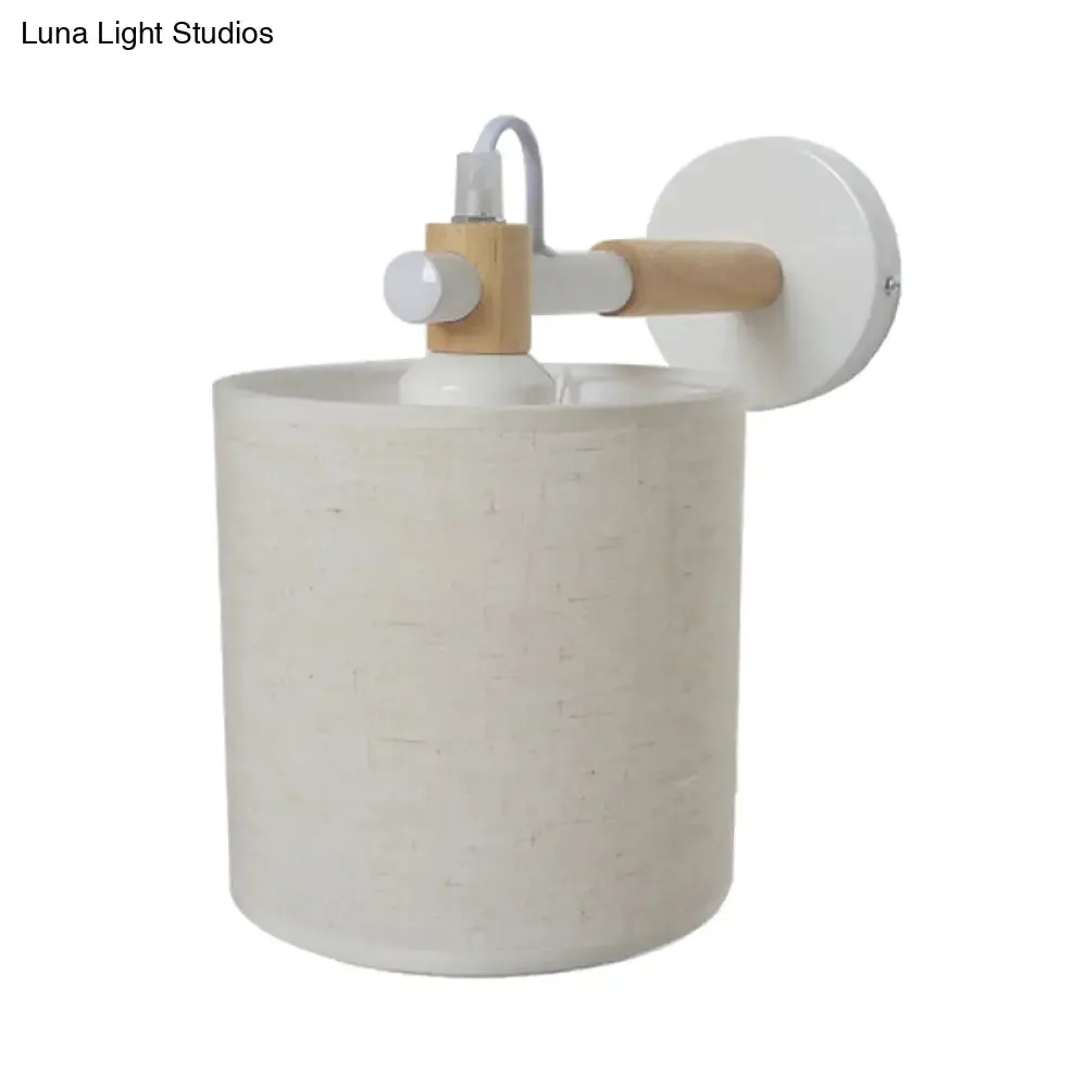 Modernist Fabric Cylindrical Sconce Wall Light with Wooden Joint - 1 Light Bedroom Fixture - Black/White