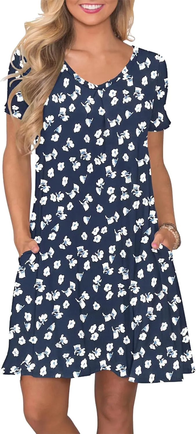 PLOKNRD Women's Casual Dress T-Shirt Summer Short Sleeve V Neck Chest Pleats Swing Dresses with Pockets 2025