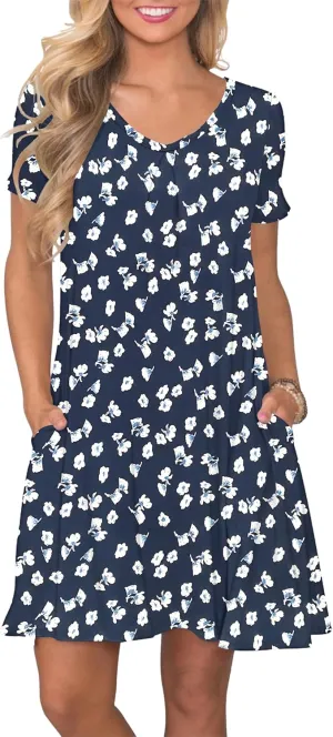 PLOKNRD Women's Casual Dress T-Shirt Summer Short Sleeve V Neck Chest Pleats Swing Dresses with Pockets 2025